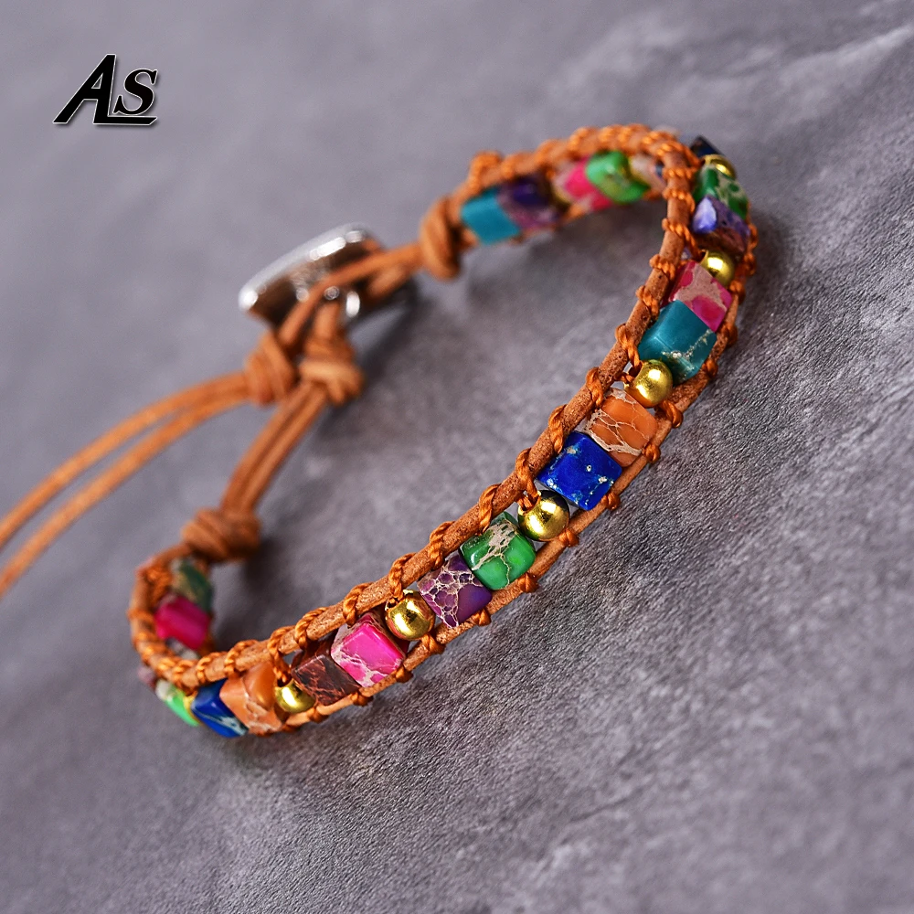 

Asingeloo Bohemia Multi Color Squar Emperor Natural Stone Beads Rope Chain Chakra Bracelets for Women Casual Easy-hook