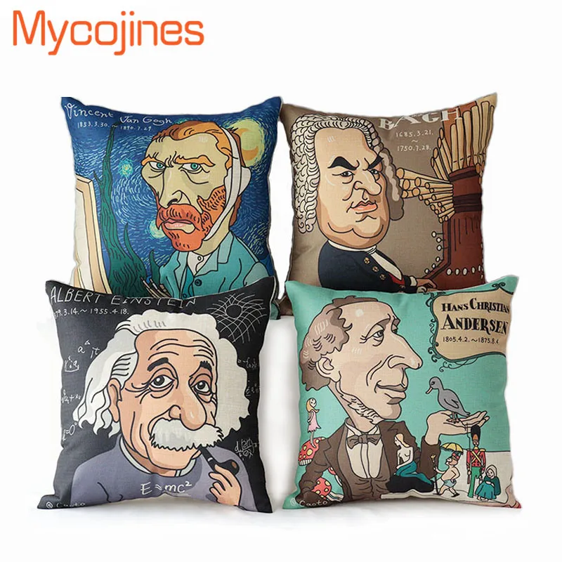 

New Arrival 17" Famous Scientist Printed Pillow Cover Home Art Decorative Van Gogh/Einstein/J.S.Bach/Andersen Pillow CushionCase