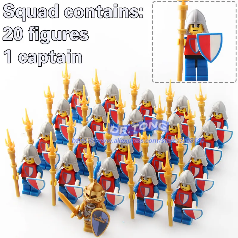 

DR.TONG 21PCS Medieval Castle Heavy Armor Knight with Weapons Knight King Figures Mini Building Blocks Bricks Children Toys 9819