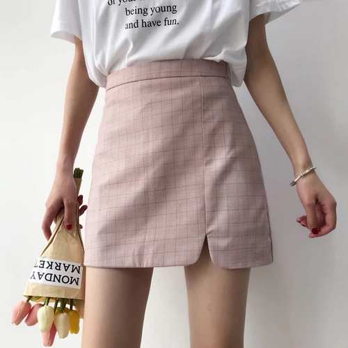 Женские модные юбки трапециевидной формы для отдыха на каждый день в Корейском стиле, подходящие ко всему, тонкая элегантная женская юбка в клетку с высокой талией, милая простая Женская юбка - Цвет: pink