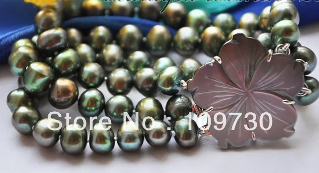 

00622 3strands 9mm green round freshwater cultured pearl bracelet 8inch