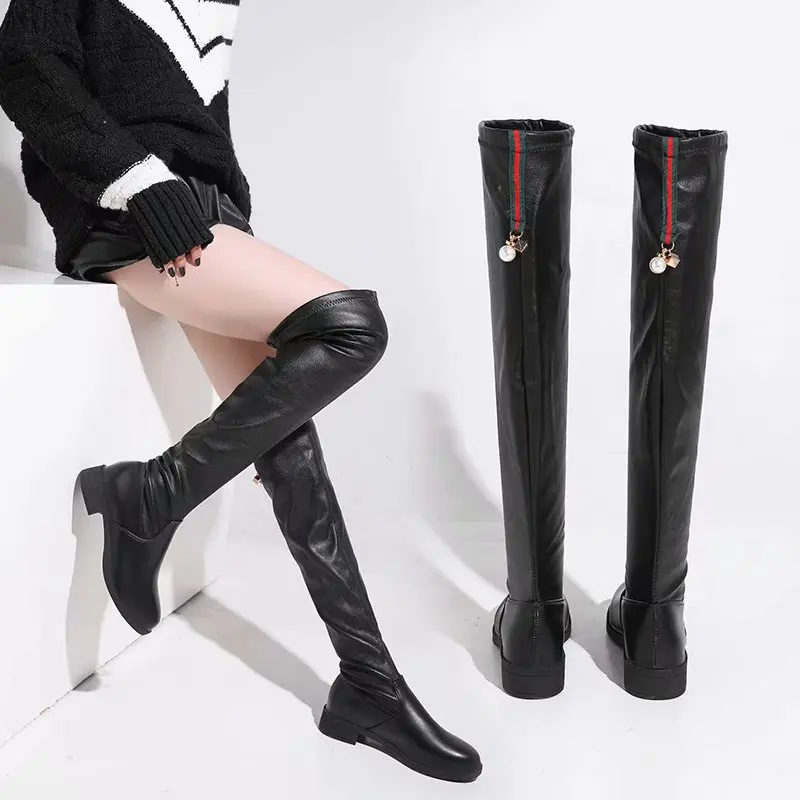 Kopen Stretch Su egrave;de Lage Hakken Vrouwen Laarzen Stiletto Sexy Over de Knie Laarzen Ronde Neus Lange Laarzen Zwart Lederen Parels Groen rood