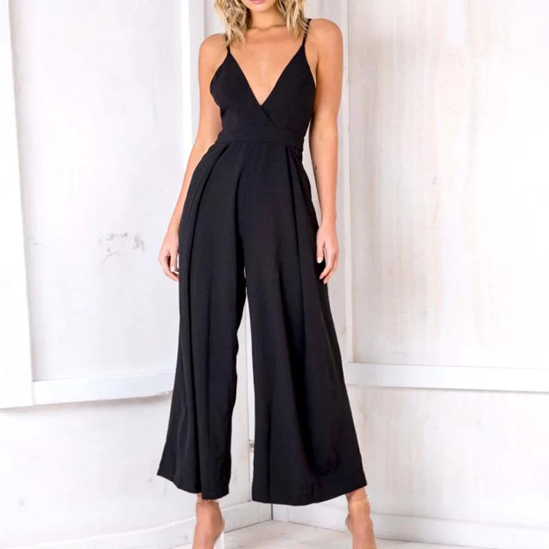 

Sexy Jmpsuit women black romper summer loose long trousers back bow bodysuit beach coveralls playsuit female frock Summer new
