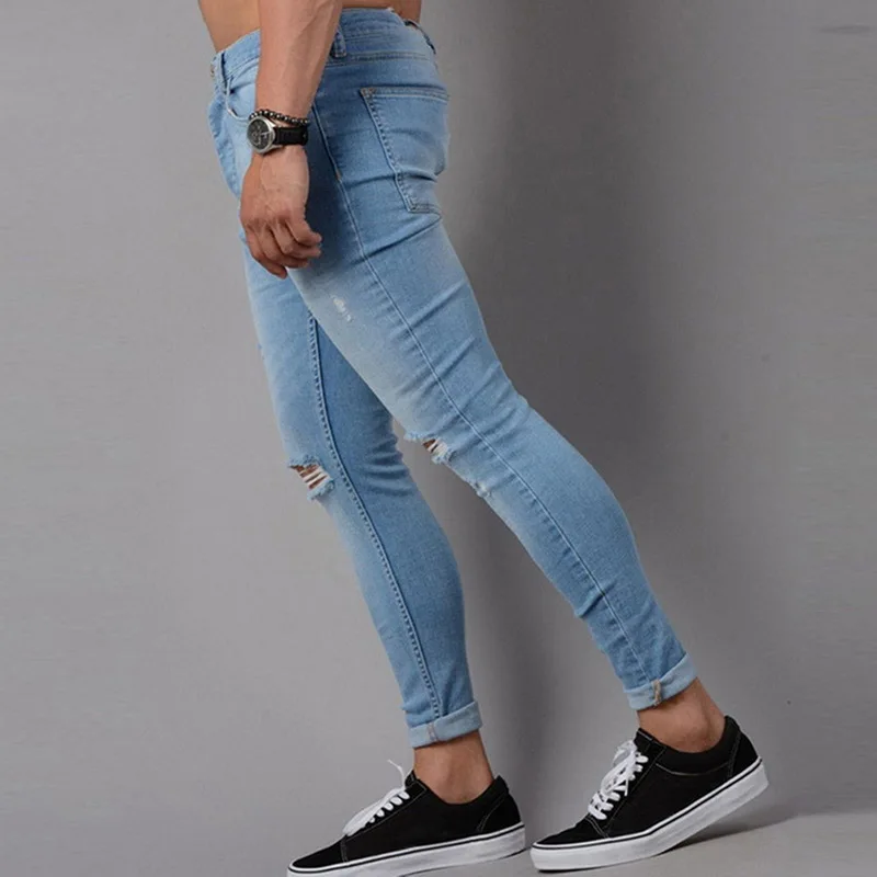 Мужские рваные джинсы для мужчин, повседневные Черные синие обтягивающие облегающие джинсовые штаны, байкерские джинсы в стиле хип-хоп с сексуальными дырками, джинсовые штаны