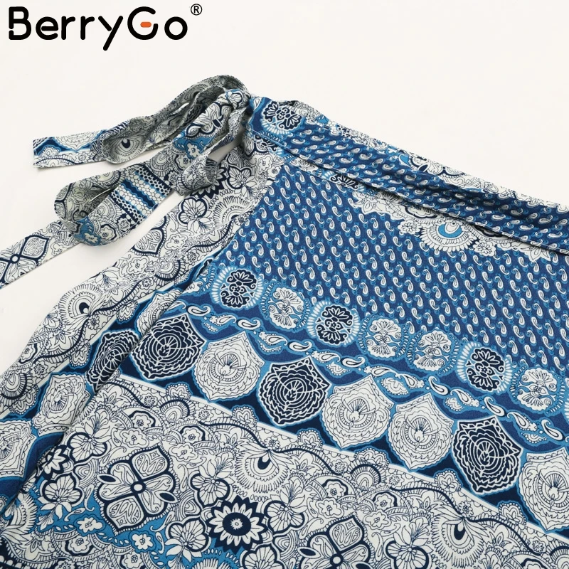 BerryGo связать Бохо длинная юбка с принтом Асимметричные оборки запахом женские