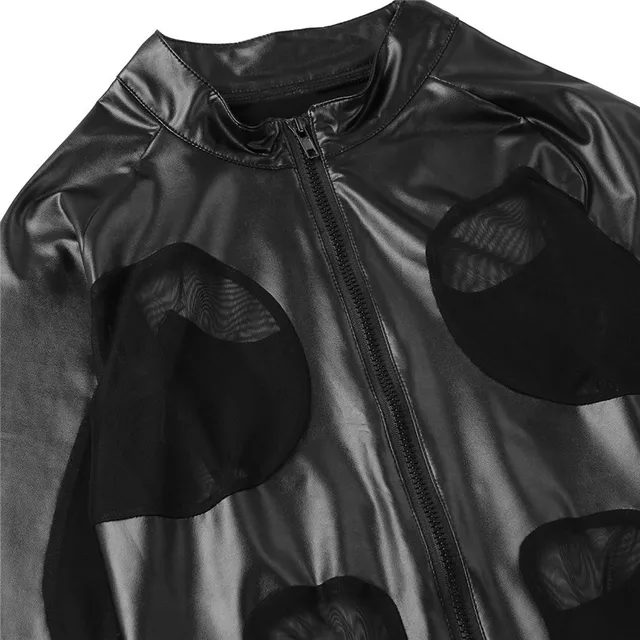 iEFiEL Mens Lingerie Sexy Male Faux Leather Mesh Splice Long Sleeve Zipper Soft Boxer Shorts Leotard Bodysuit Jumpsuit Romper -