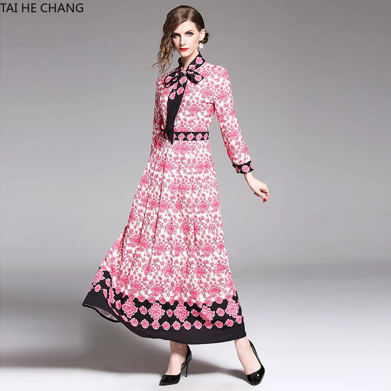 

women dress summer spring elegant slim bodycon vintage A-line party runway floral print long maxi shirt office work dresses