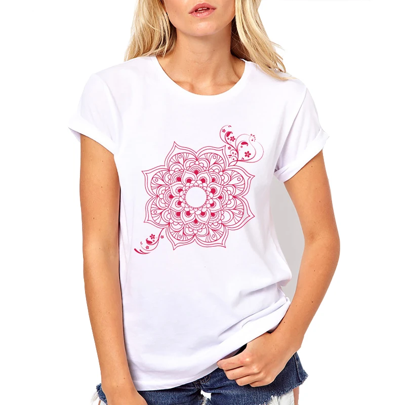 Женская Удобная Повседневная футболка с принтом мандалы и круглым вырезом, женская футболка, дизайн, женские футболки, рубашки с цветочным принтом