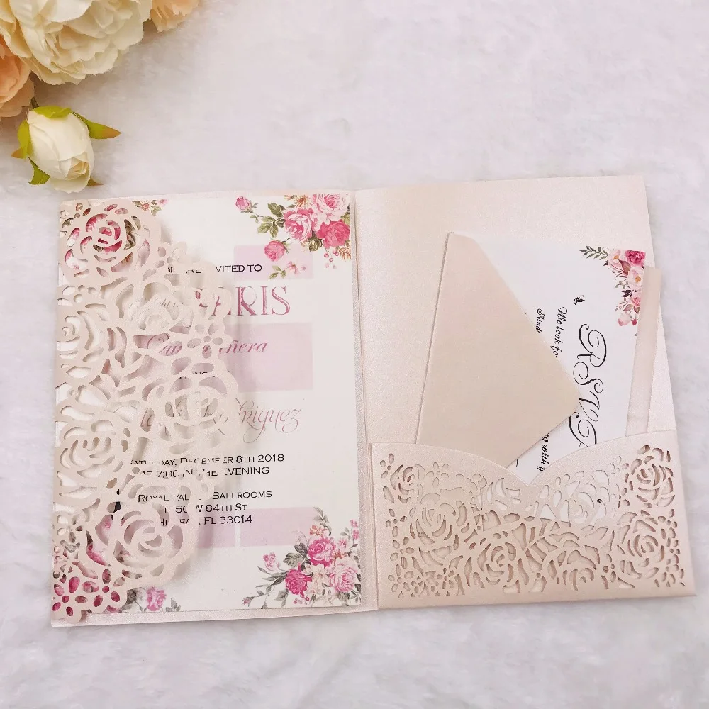 

100pcs elegant light pink pocketfolds laser cut Wedding invitations customizable trifold pocket invitation cards gatefold