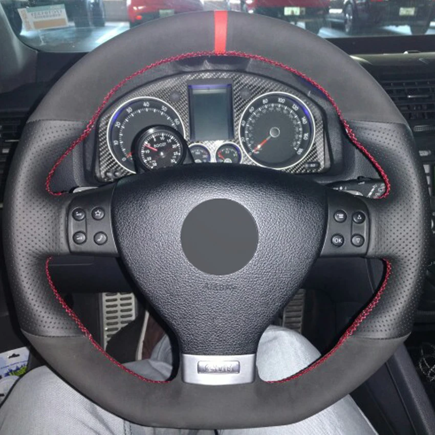 Black Suede Genuine Leather DIY Car Steering Wheel Cover for Volkswagen