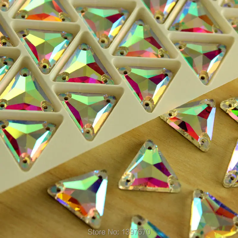 

Tri-angleshape 50pcs Crystal AB crystal Sew On Rhinestones Flatback Sewing-on Crystals With 3Holes For clothing accessories