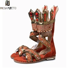 Prova Perfetto Mixed Color Rhinestone Gladiator Sandal Women Summer New Flat Dress Shoes Woman Crystal Leisure Short Boots Mujer