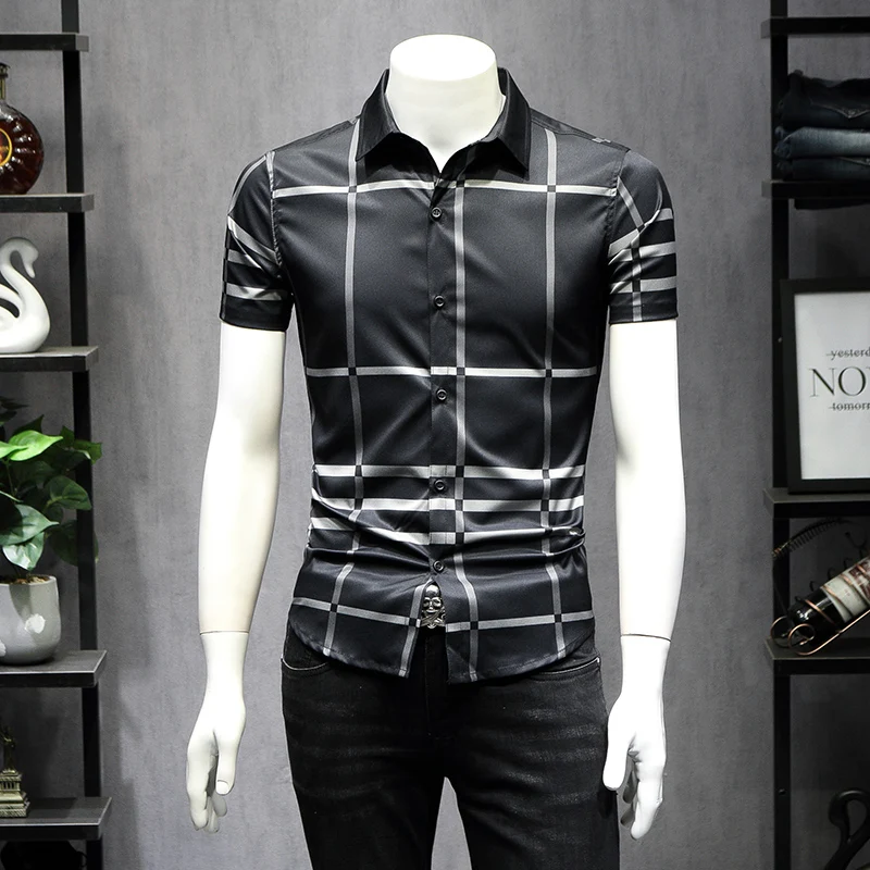 Роскошные классические с короткими рукавами мужские рубашки с принтом Slim Fit деловые - Цвет: Лаванда