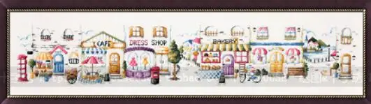cs-2612 Cross Stitch Kit Sky Blue Street Cafe Dress Shop Bakery Bookstore Town Village City SO