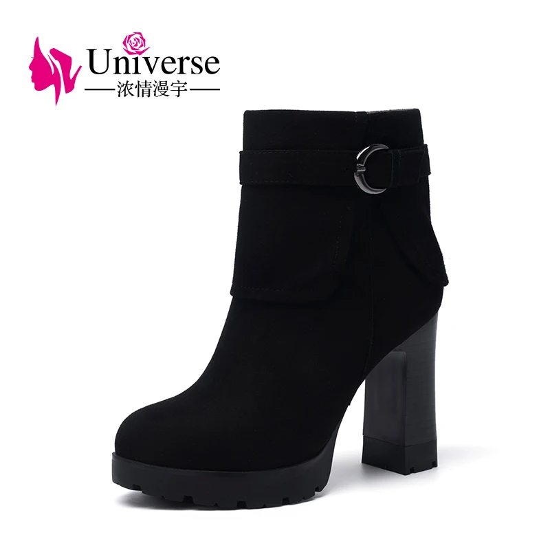 Universe cow suede ankle boots comfy round toe thick heel women boots square high heel plus size lady boots E326 Women's Shoes