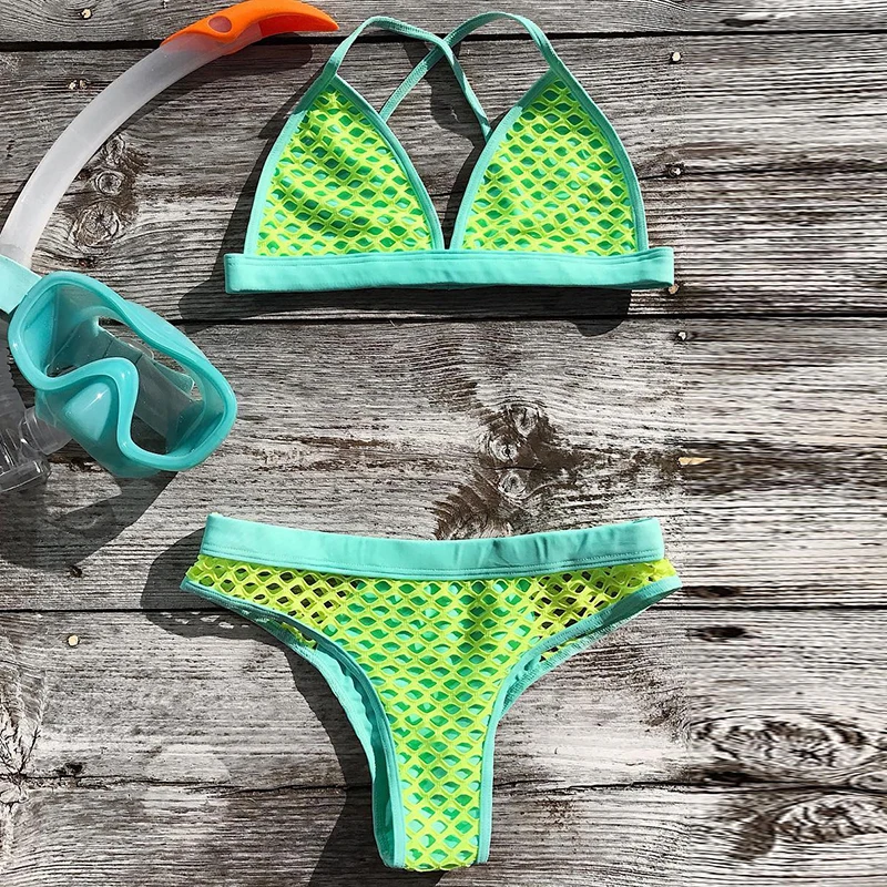 Billig In X Sexy neon bikini 2020 Mesh badeanzug weibliche Sehen durch bikini set Push up bademode frauen Grün baden anzug strand tragen neue