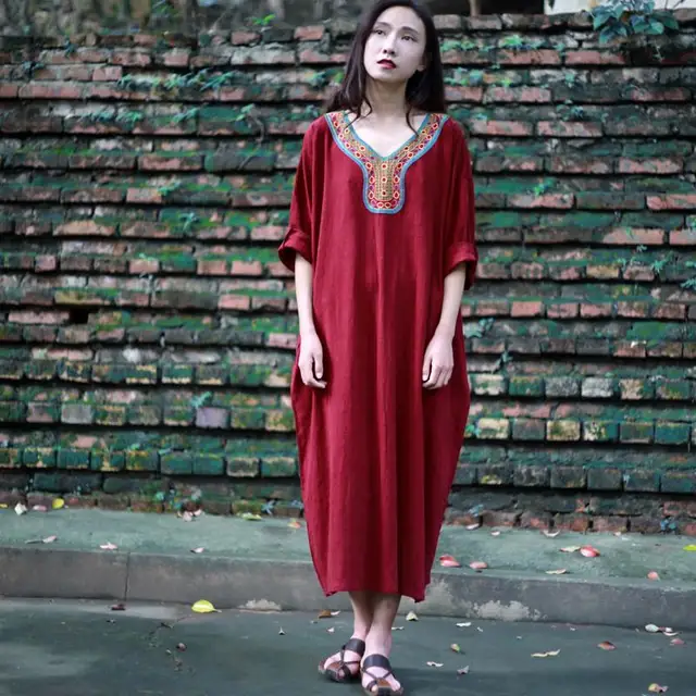 Women Summer Embroidery Loose Robe Dresses Bat Sleeve V neck Chinese ...