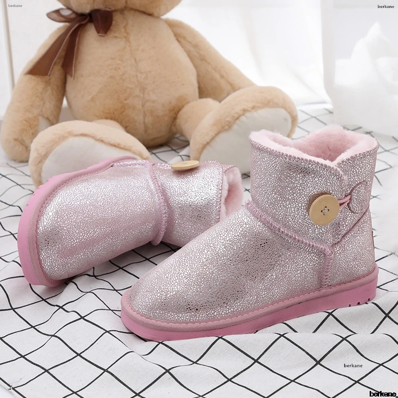 

Pink Genuine Leather Ankle Snow Boots Cow Suede Fur Button 2019 Plush Female Winter Warm Shoes Snowboots Flats Large Size 48