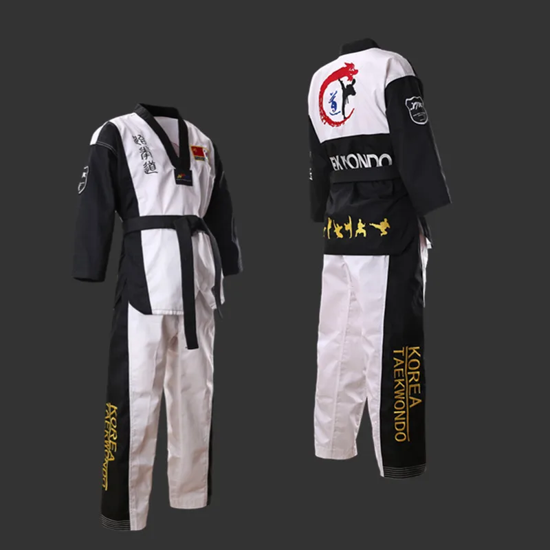 

3 color Taekwondo Dobok V neck Uniform black collar adult Children Teenagers TKD Poomsae red blue tae kwon do black clothes WTF