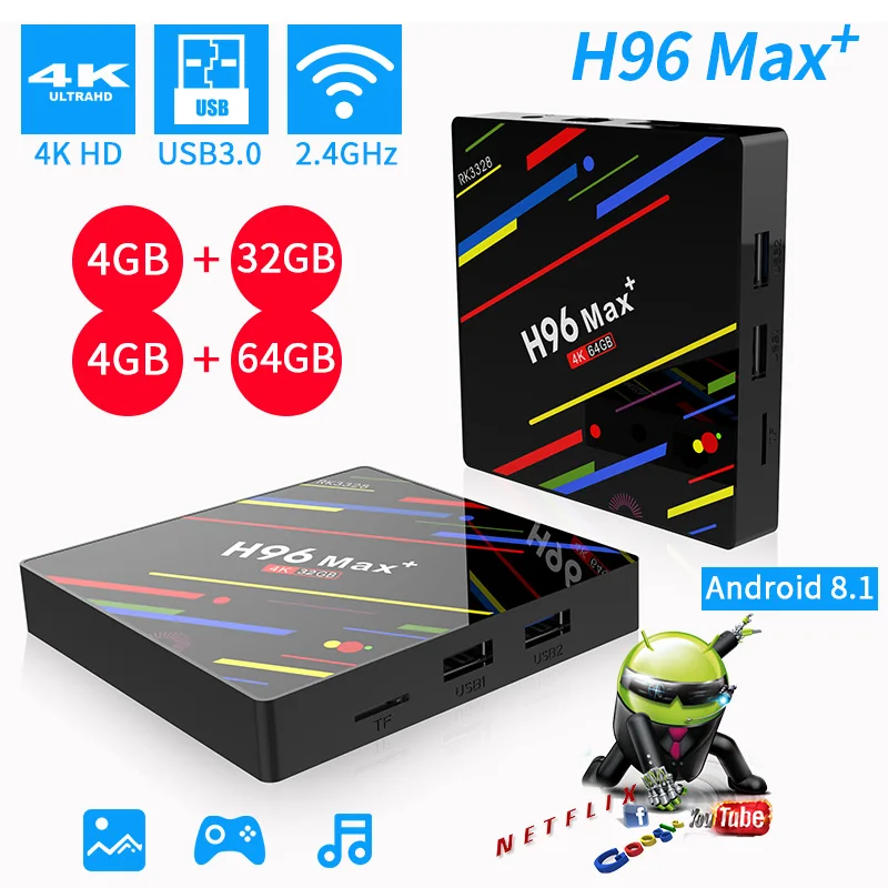 H96 Max+ Smart TV box Android 8.1 Support IPTV 4K 4GB RAM 32GB/64GB ROM USB 3.0 WiFi 2.4G/5G Media Player Set Top Box Family TV H96 Max+ Smart TV box Android 8.1 Support IPTV 4K 4GB RAM 32GB/64GB ROM USB 3.0 WiFi 2.4G/5G Media Player Set Top Box Family TV