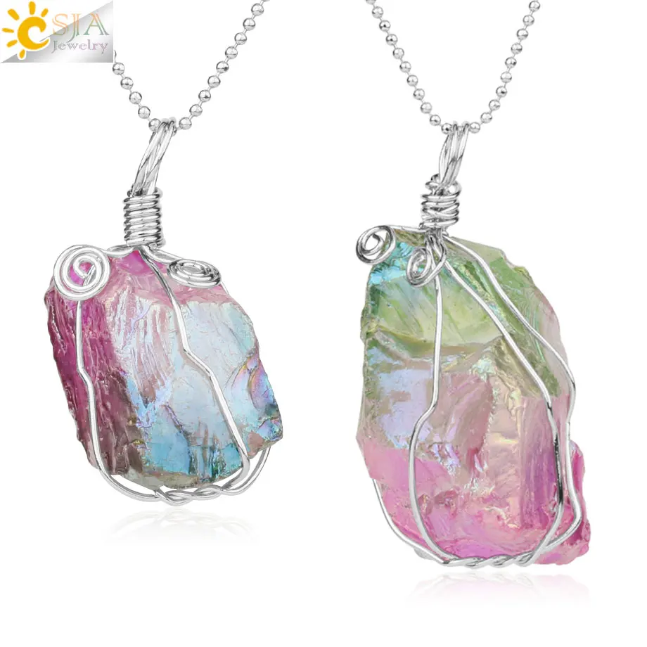 

CSJA Natural Crystal Color Plating Pendant Necklace Handmade Copper Wire Wrapped Irregular Stone Pendants Women Men Jewelry G149