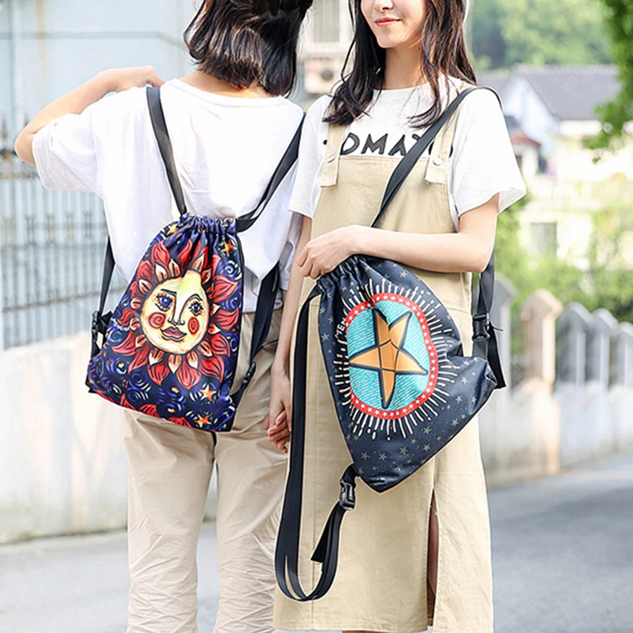 Canvas Backpack Women Travel Small Printing Harajuku Drawstring Bag New Fashion Sznurek Bolsa Korean Style Drawstring Pouch 5Z98