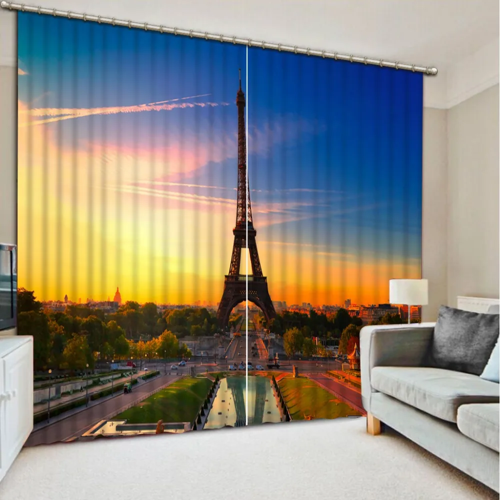 

3D Curtain Photo Customize Size Living Room Colorful Clouds Sunset Tower 3D Window Decorative Curtains Blackout Curtain Fabric
