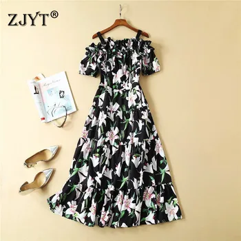 

Top Fashion Runway Dress Women Summer 2019 Designer Off The Shoulder Floral Print Mid Calf Strap Cotton Dresses robe femme