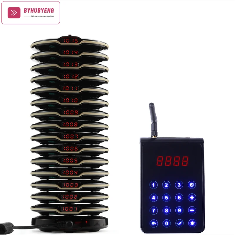 BYHUBYENG 15pcs Pagers 1 Rechargeable Base Long Range Pager System Device Factory Outlet CE FCC FM