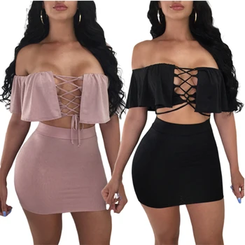 

Wantmove 2019 new summer women two-piece sexy ruffle one neck wrapped chest lace up top slim mini skirt club two-piece WM757