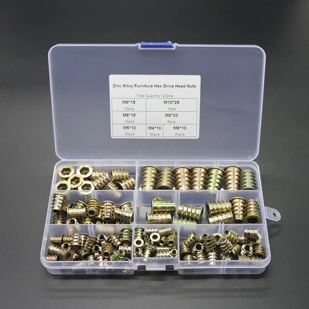 M4 M5 M6 M8 M10 Zinc Alloy Furniture Hex Drive Head Nut Threaded For Wood Insert
