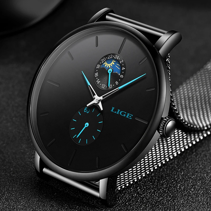 

LIGE New Fashion Mens Business Casual Watches 24 hrs Unique Design Quartz Watch Mesh Waterproof Sport WristWatch erkek kol saati