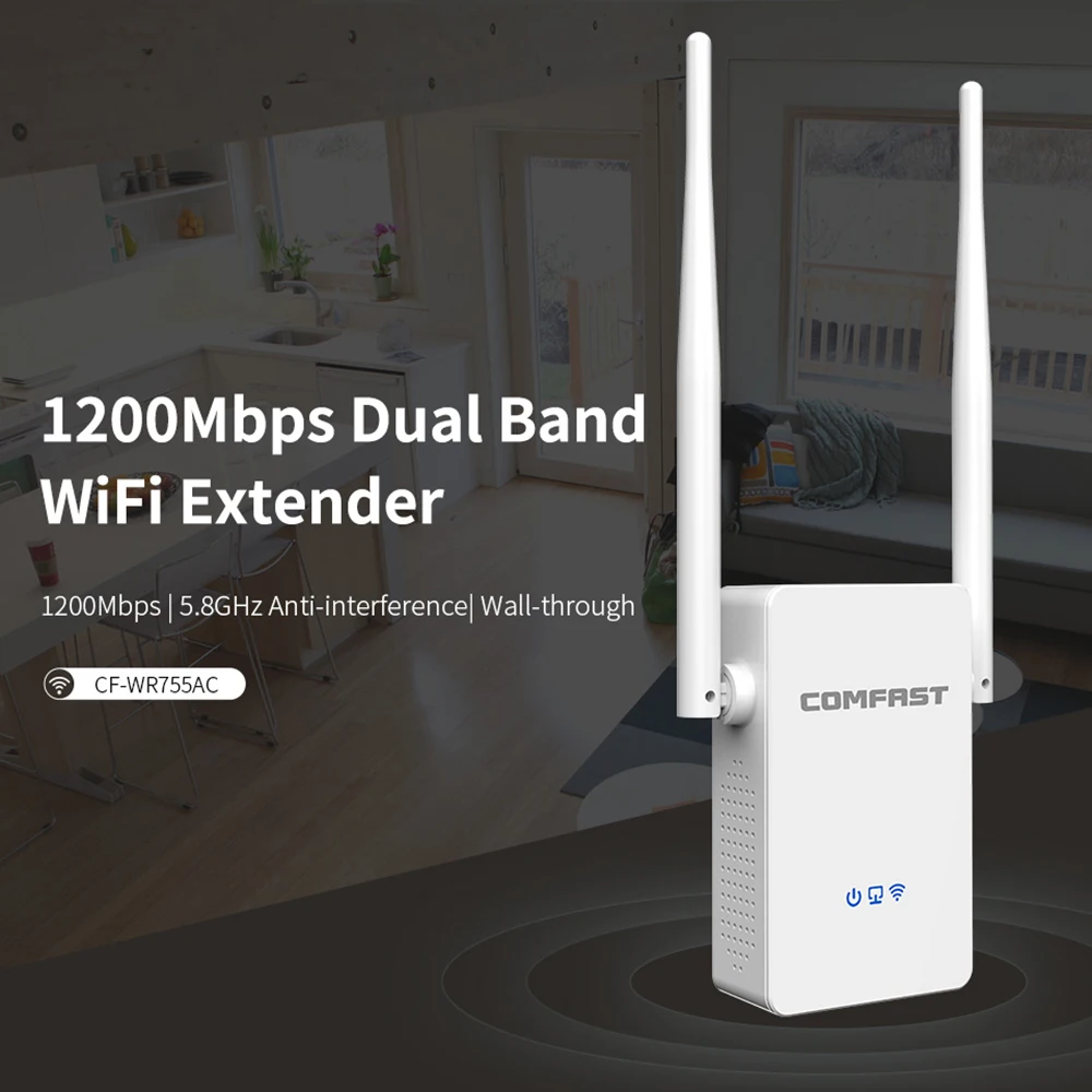 

Wireless Wifi Repeater With EU/US Conversion plug Dual Band 2.4G / 5G 2 High Antennas Bridge Signal Amplifier AC 1200Mbps