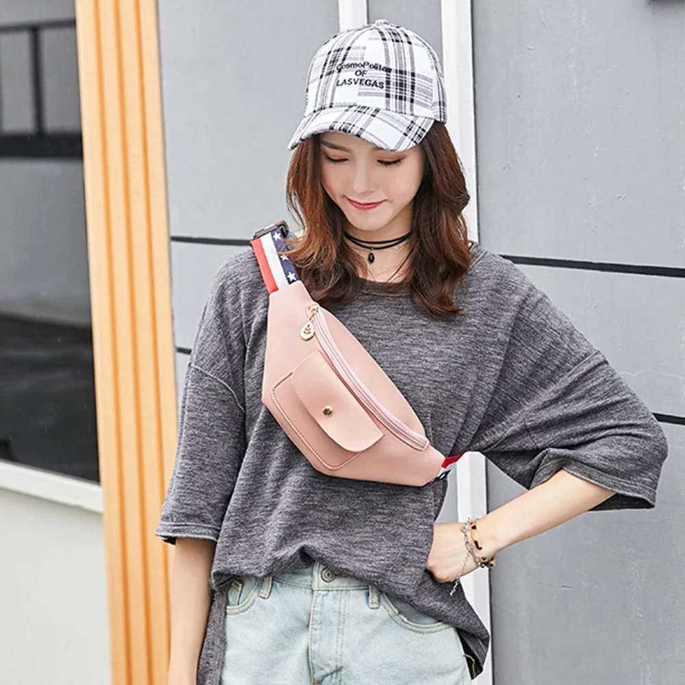 

Women Messenger Waist Pack Fashion Solid Color Zipper Phone Bag Chest Bag Flag Ribbon Vertical Waist Bag Document pack