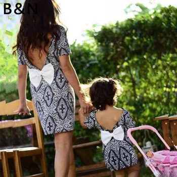 

B&N Bowknot Back Family Matching Cloth Summer Dress Backless Women Girl Mother(S-XL) Daughter(4-11T) Kimono Wear Family Look
