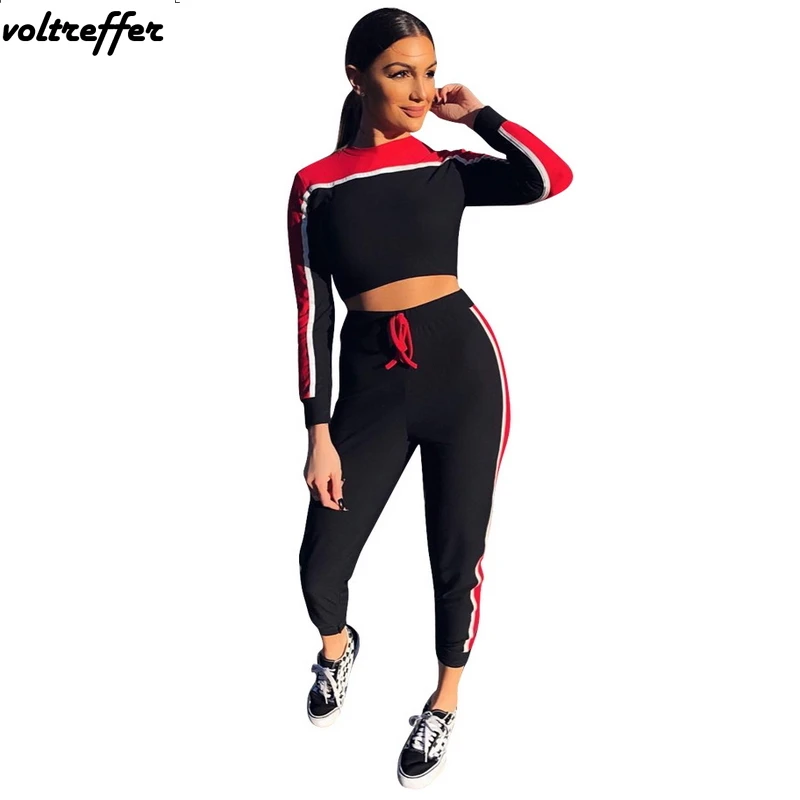 Red And Black Patchwork Two Piece Set Casual Outfits Crop Top And Pants ...