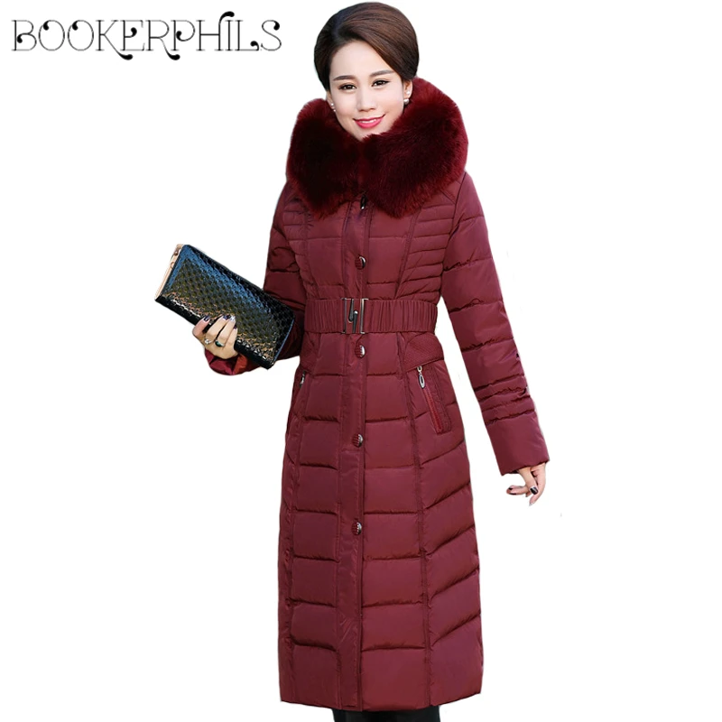 Skup Kurtka zimowa kobiety w średnim wieku x long Plus rozmiar gruby futrzany kołnierzyk płaszcz zimowy kobiety długie parki z kapturem bawełna odzież wierzchnia L 5XL