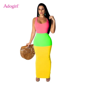 

Adogirl Contrast Color Summer Tank Dress Women Sexy Sleeveless Bodycon Maxi Dress Casual Vestidos Robe Long Sundresses Clubwear