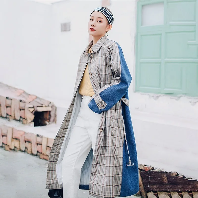 

[EWQ] 2019 Spring Autumn New Pattern Laple Long Sleeve Hit Colors Patchwork Single Breasted Vintage Long Windbreaker AG44509M