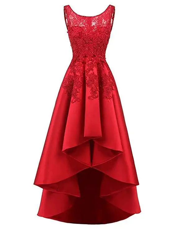 

Holievery Scoop Neck Satin Long Evening Dresses with Lace Appliques Gowns 2019 Beading Asymmetrical Party Dress Elegant Abiye