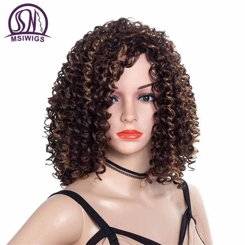 

MSIWIGS Ombre Women Synthetic Wigs with Highlight Short Brown Afro Bouncy Curly Wig for Ladies Natural Full Hair