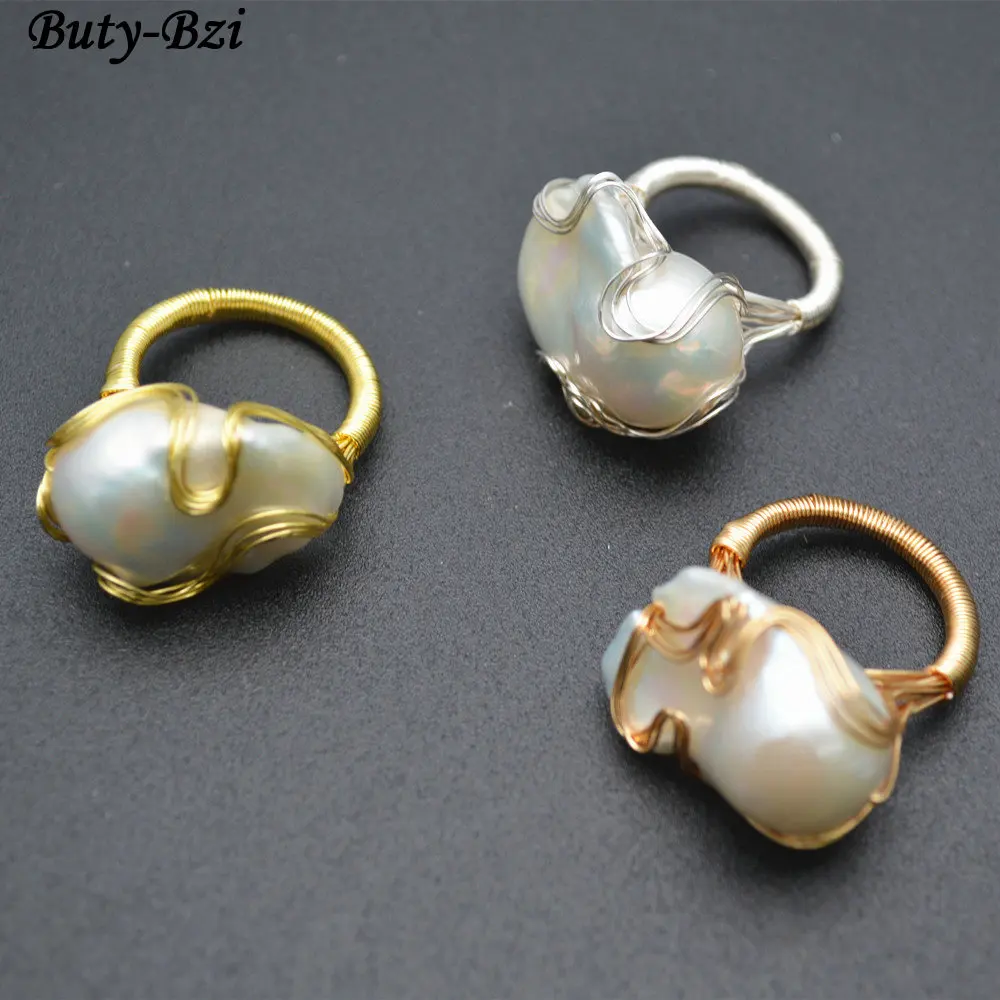 1pc High Quality Handmade Natural Fresh Water White Pearl Big Baroque Beads Wire Wrapped Rings Fashion Woman Party Jewelry