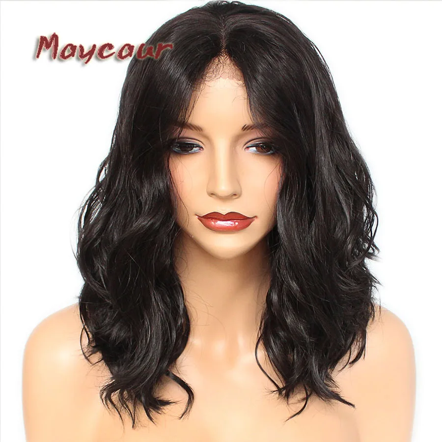 

Maycaur #4 Brown Color Short Bob Synthetic Lace Front Wigs for Women Wavy Glueless Hair Wig with Natural Hairline