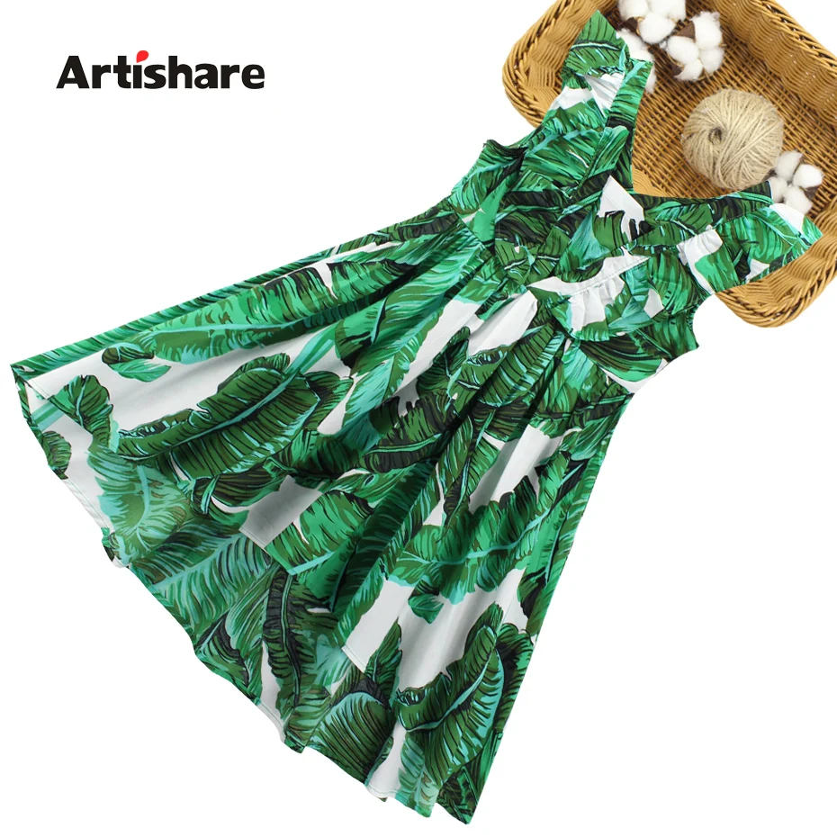 

Dresses For Girls Leaf Pattern Vestidos For Children Sleeveless Girls Party Dress Kids Teenage Girls Summer Clothing 6 8 10 12