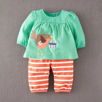

Little Maven New Spring Autumn Kids Green Applique Big Bird Woven Pants Striped Cotton Knitted Girls Long-sleeved Blouse Sets