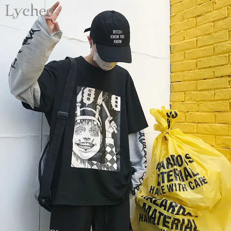Lychee Harajuku Japanese Junji Ito Anime Print Women T-Shirt Fake 2 Pieces O-Neck Long Sleeve Casual Loose Female T-shirt
