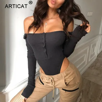 

Articat Black Off Shoulder Sexy Bodysuit Women Long Sleeve Slash Buttons Bodycon Rompers Womens Jumpsuit Solid Summer Body Suit