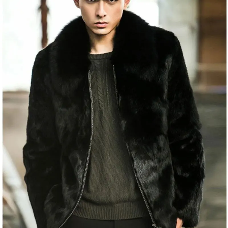 

Men New Fashion Fur Coats Winter Warm Black Faux Rabbit Coat Leisure Faux Fox Fur Collar Fur Jackets Male Leather Zipper Outwear