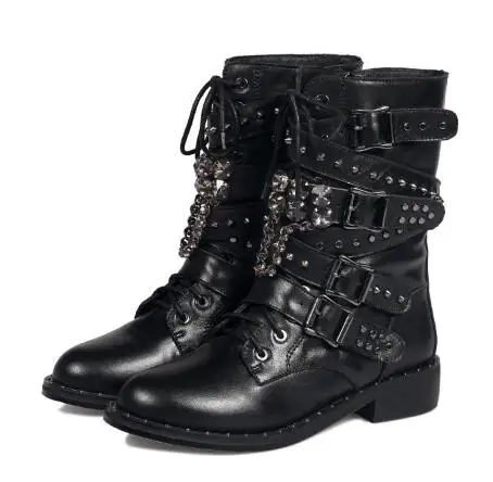 

Round toe martin boots Women black low heel ankle boots Buckle decorated zipper short boots Ladies'spring and autumn short boots