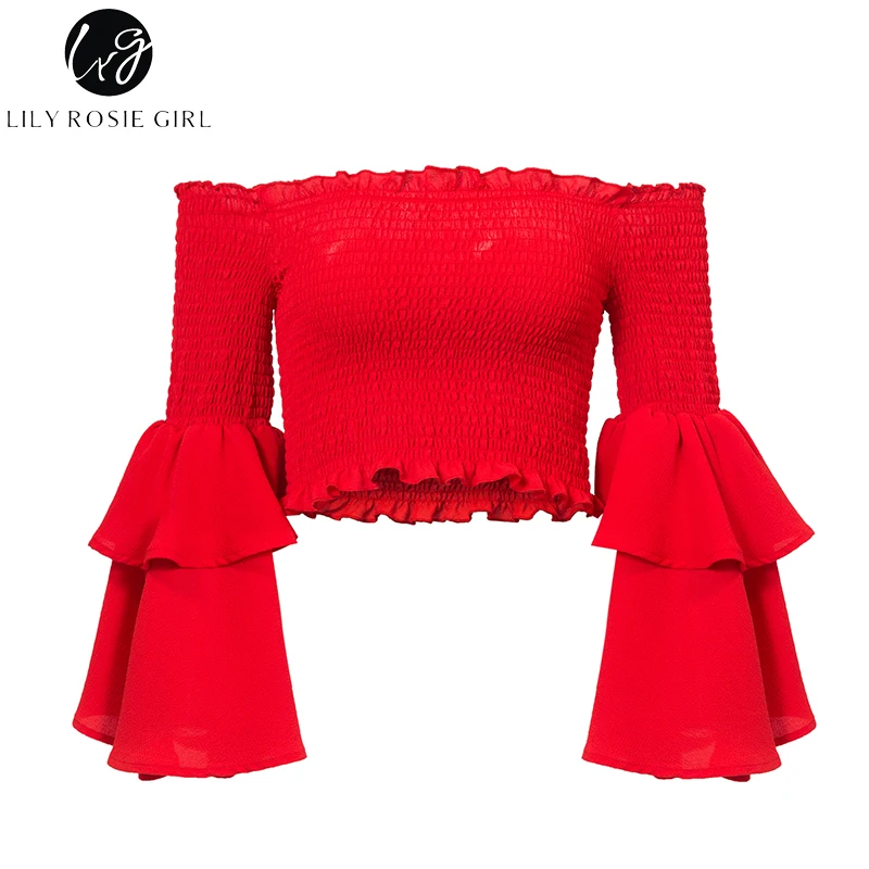 Lily Rosie Girl Off Shoulder Yellow Blouse Shirt Women Sexy Ruffle Short Blusas Femme Butterfly Long Sleeve Summer Beach CropTop